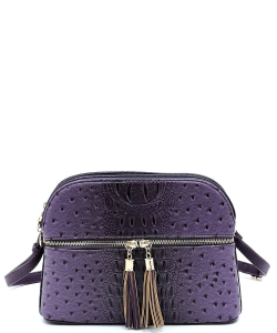 Ostrich Embossed Multi-Compartment Cross Body with Zip Tassel OS050 PURPLE